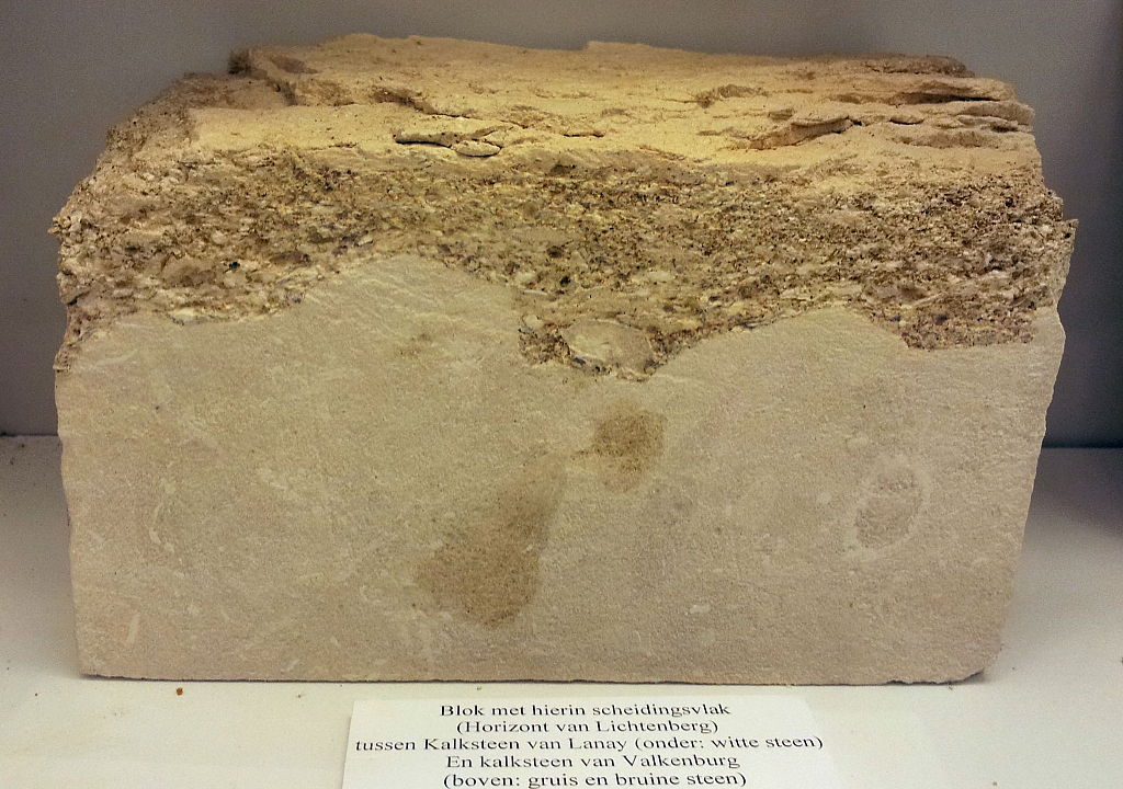 Block of marlstone from the Valkenburg region in the Netherlands, containing two types of chalk.
